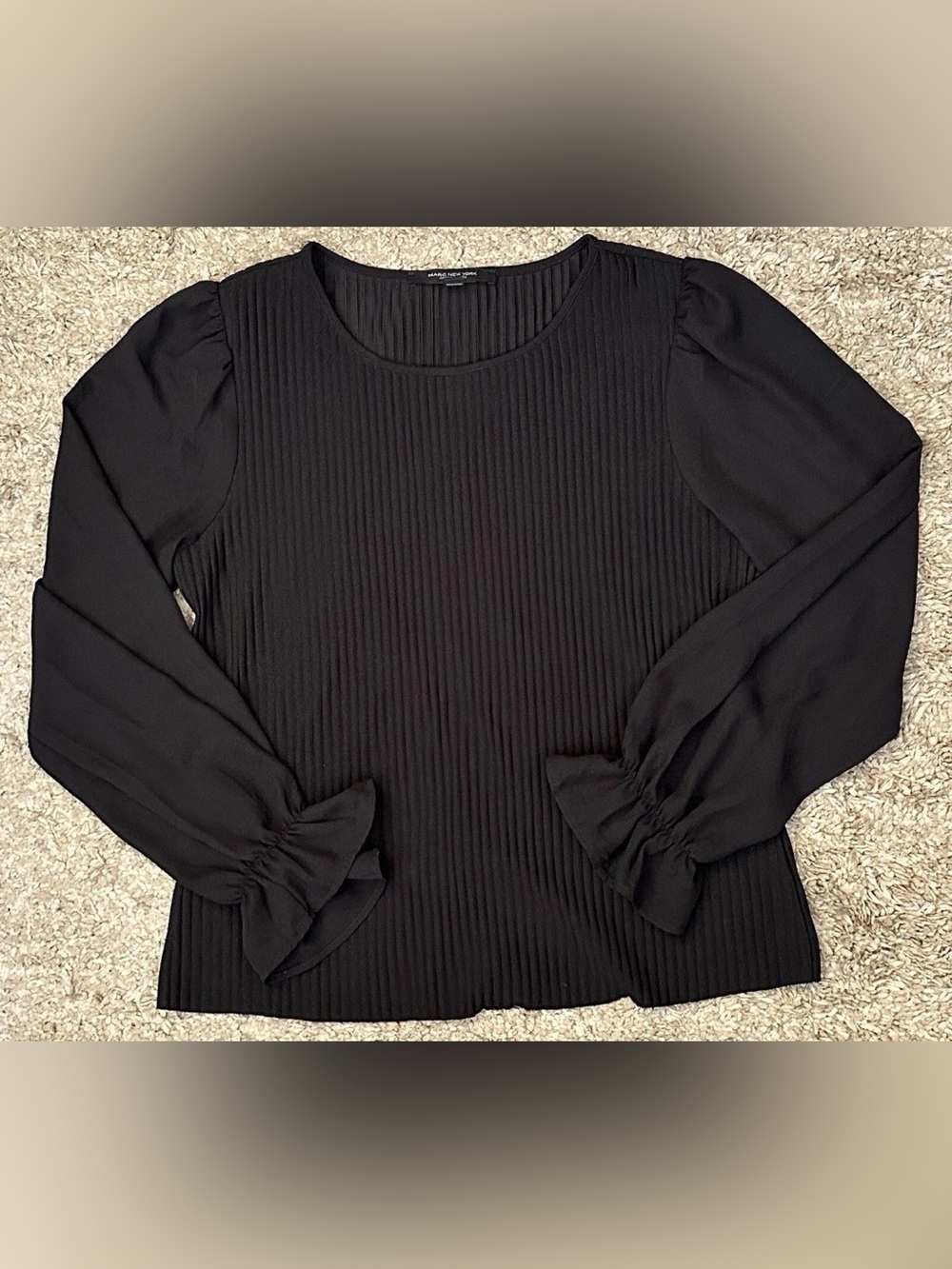 Marc New York Women’s L Black Crew Neck Ribbed Elastic Cuffs Long Sleeve Shirt